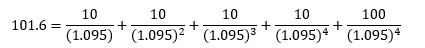 Iterative calculation of bond price using tentative yield 9.50%